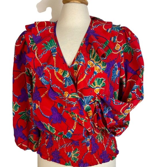Vintage 80s Susan Tudor Women's red Ruffled Crop puff sleeve size M - Picture 9 of 12